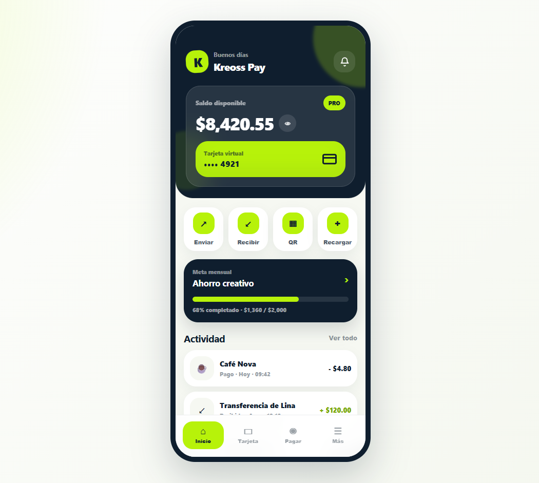 Kreoss mobile wallet app interface design with modern web and UI layout